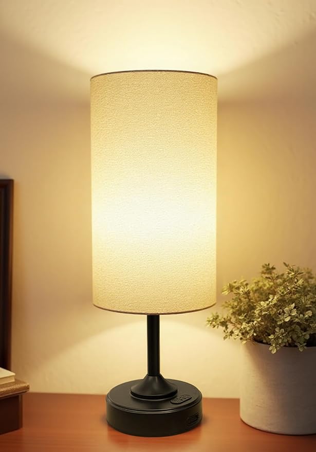 Battery Operated Lamp, Dimmable, Ambient Light, 2700K, Timer, Touch Control, Portable, LED, Wireless, Rechargeable, Cordless, Desk Lamp, Kitchen Lamp, Fabric Shade, for Bedroom, Living Room, Dorm