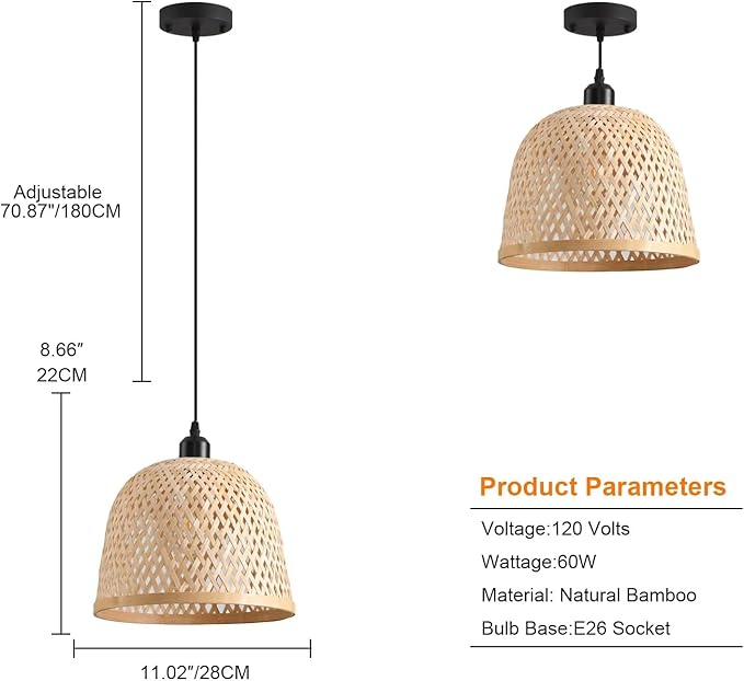 3-Pack Rattan Pendant Light,11.02 Inch Bamboo Pendant Light Fixture,Handwoven Wicker Pendant Light for Kitchen Island,Coastal Chandelier for Dining Room Foyer Stairway Hallway