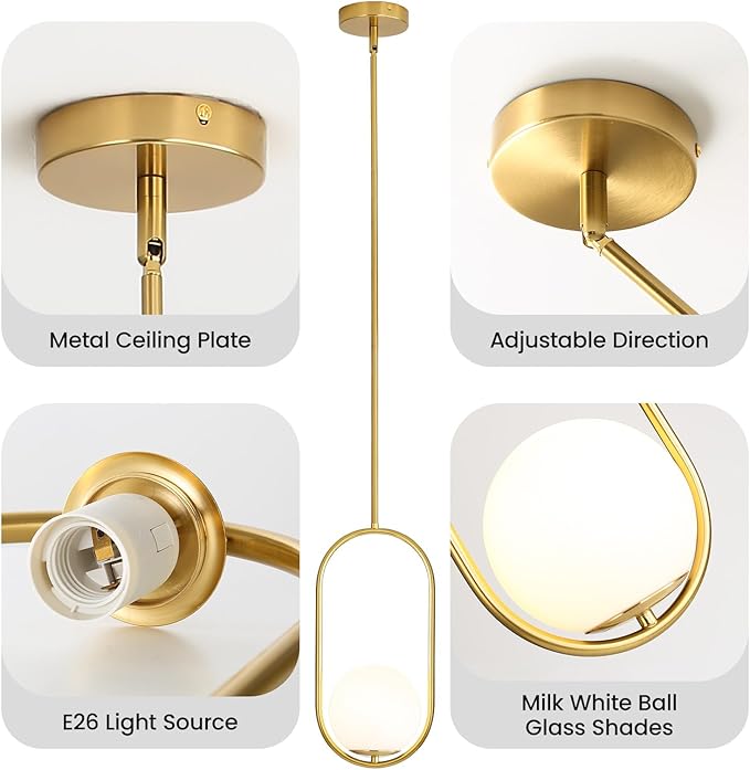 Yunnix Pendant Lights Kitchen Island Modern Gold Globe Pendant Light Mid Century Light Fixture Milk Glass Pendant Lights for Bedroom Dining Room Brushed Brass with One Light (Bulb Not Included)