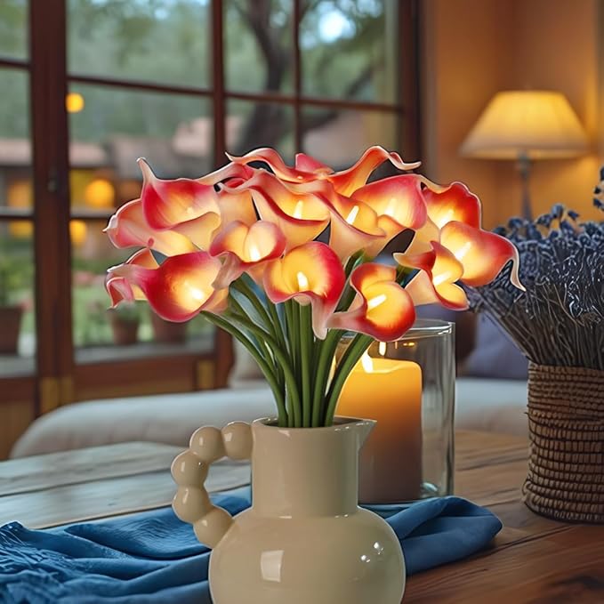 20pcs Lighted Artificial Calla Lily Bouquet Lamp Faux Floarl Night Light Real Touch Flower Night Lamp LED Calla Lily lighted Artificial Flower for Holiday Gifts Home Kitchen Decor(Pink, No Vase)