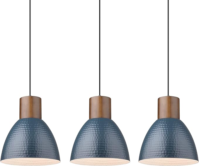 ELYONA 3 Pack Hammered Pendant Lights 7” Metal Solid Wood Hanging Light Fixtures Adjustable Height Industrial Pendant Lighting for Kitchen Island Dining Room Bedroom Bar Office, Modern Blue Small