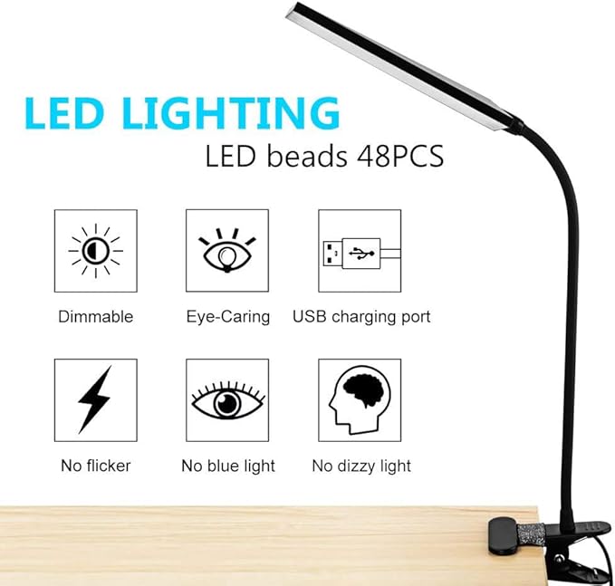 RAOYI LED Desk Lamp, 5W USB Clip on Light Eye-Caring Reading Clamp Table Lamp with 48 LEDs Flexible Neck, 3 Color Modes and 14 Brightness Levels for Office Bedroom Study (Black)