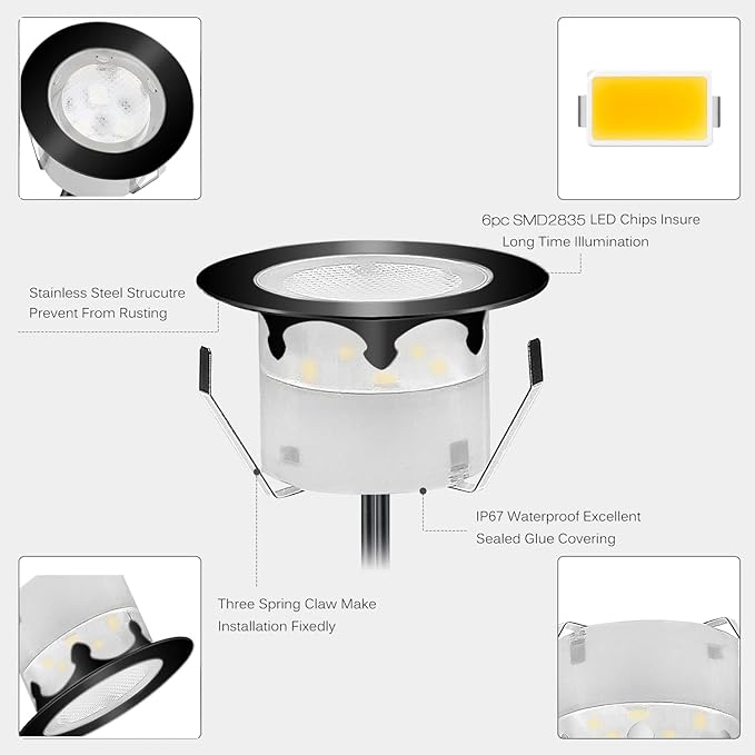 Low Voltage LED Deck Lighting Kit Stainless Steel 0.2W~0.5W Waterproof Outdoor Yard Garden Decoration Lamps Landscape Pathway Patio Step Stairs RGB LED In-ground Lights (Black Border,30pack)