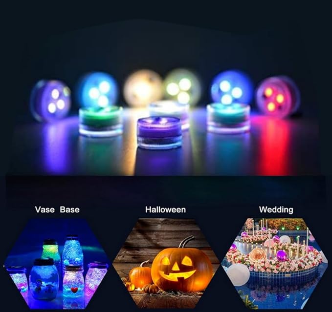 10pcs Mini Submersible LED Lights, Halloween Pumpkin Lights,Small Underwater Tea Lights Candles Waterproof with Remote Battery Operated,RGB Color Changing for Swimming Pool Party Wedding Decorate
