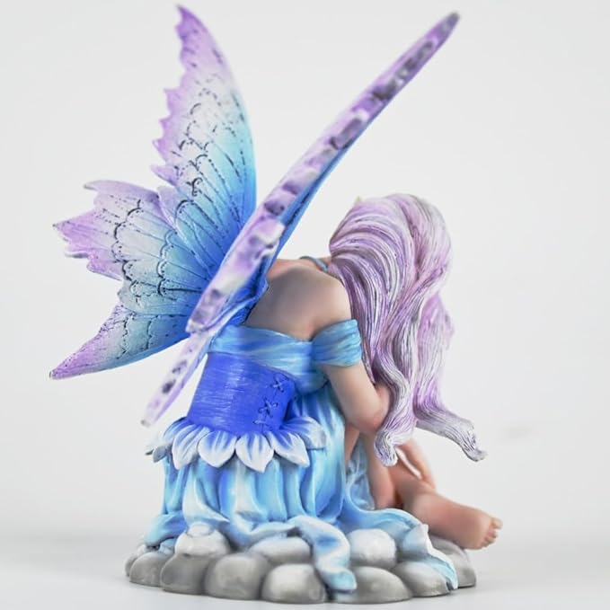 Fantasy Cloud Base Fairy Figurine, 6.1 Inch Blue-Purple Gradient Elf Statue, Hand-Painted Resin Decor with Gradient Wings & Hair for Living Room, Bedroom, Fairy Garden