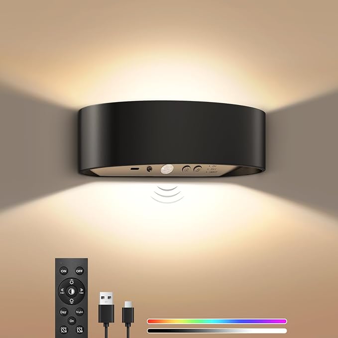 Motion Sensor Wall Sconces, Rechargeable 5000mAh Battery Operated Wall Light with Remote Control 3 Colors Temperatures & Dimmable 15 RGB Colors Up and Down Wireless Wall Mount Light