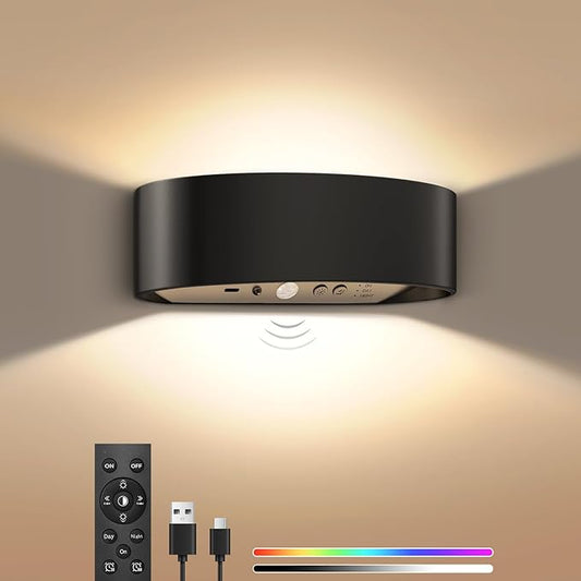 Motion Sensor Wall Sconces, Rechargeable 5000mAh Battery Operated Wall Light with Remote Control 3 Colors Temperatures & Dimmable 15 RGB Colors Up and Down Wireless Wall Mount Light