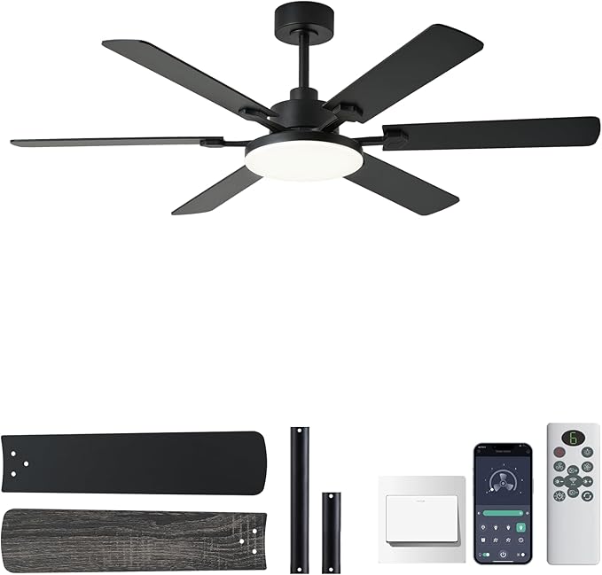 56 Inch Ceiling Fans with Lights, Modern Black Ceiling Fan with Light and Remote Control, 6 Double Sided Blades, 6 Speed Reversible Motor, Dimmable LED, Silent Timing, Indoor Outdoor Patio Use