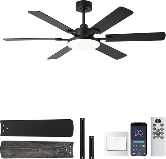 56 Inch Ceiling Fans with Lights, Modern Black Ceiling Fan with Light and Remote Control, 6 Double Sided Blades, 6 Speed Reversible Motor, Dimmable LED, Silent Timing, Indoor Outdoor Patio Use