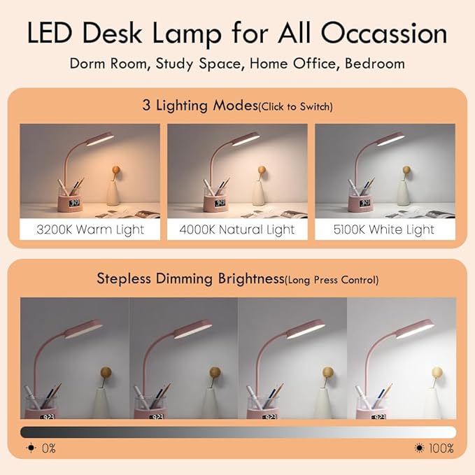 WILIT LED Desk Lamp for College Dorm Room Essentials, Students Study Lamp with USB Charging Port, Pen Holder, Clock & RGB Night Light, Office Desk Light Accessories, Table Lamp for Bedroom - Pink