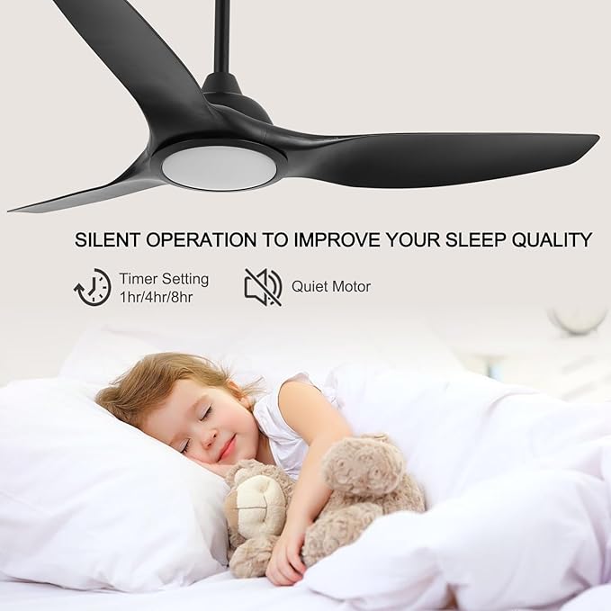 52 Inch 6 Speed High CFM Quiet DC Motor Modern Ceiling Fan with Lights Remote Control, Indoor 3 Blade Black Ceiling Fan for Bedroom Living Room