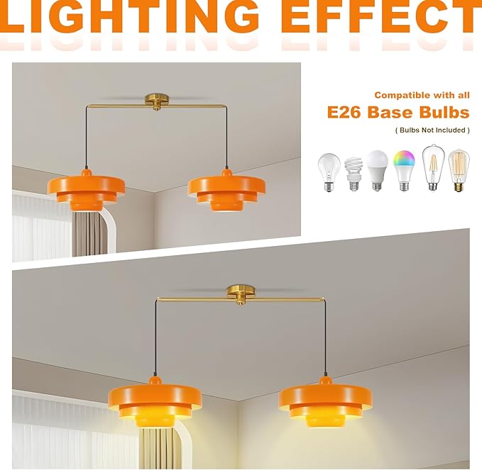 Industrial Vintage Adjustable 2-Light Pendant Light Kitchen Island, Brass Ceiling Hanging Light Fixture with Metal Shade for Dining Room, Living Room, Entryway, Easy to Install
