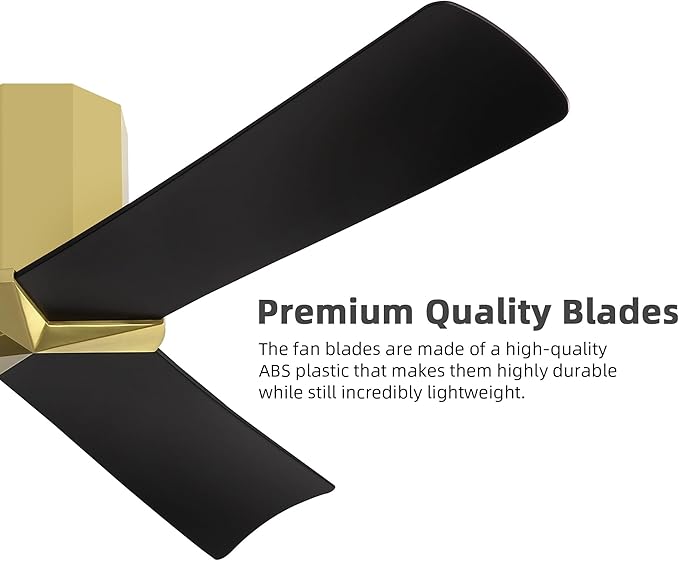 WINGBO 52" Ceiling Fan no Light - Brass and Black DC Flush Mount Ceiling Fan, 3 ABS Plastic Curved Blades, 6 Speed Reversible DC Motor, Hugger Ceiling Fans No Light for Kitchen, Bedroom, Living Room