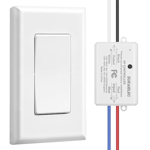 Suraielec Wireless Remote Light Switch, No Wiring, No WiFi, 100ft RF Range, Pre-Programmed, Expandable Wireless Wall Switch and Receiver Kit, Remote Control Light Fixture for Lamp, Ceiling Light, Fan
