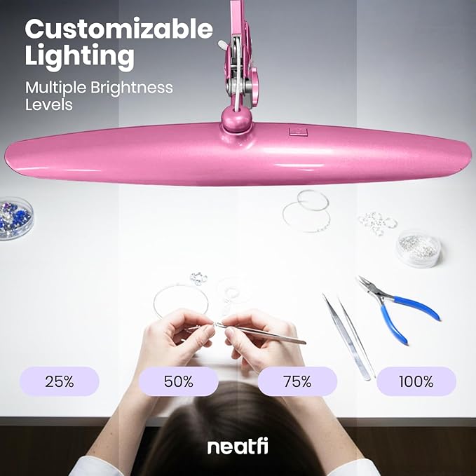 Neatfi XL LED Desk Lamp with Clamp, 2200 Lumens, 24W, 20-Inch Wide Head, Dimmable 4 Brightness Levels, Task Light for Home Office, Crafts, Workbench (Non-CCT, Pink)