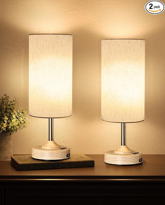 Rechargeable Table Lamp, 2-Pack, Ambient Light, Dimmable, 2700K, Timer, Touch Control, Portable, LED, Wireless, Cordless e, Battery Operated, Desk Lamp, Kitchen Lamp, Fabric Shade, Wood-Grain Finish