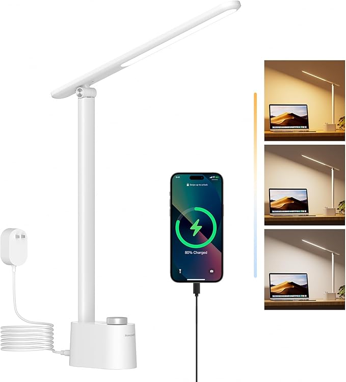 Honeywell LED Desk Lamp - Sunturalux Desk Lamps for Home Office with USB A+C Charging Ports, 3 Color Modes Stepless Dimmable Eye-Caring Foldable Desk Light for Bedroom Table Reading Study(White)