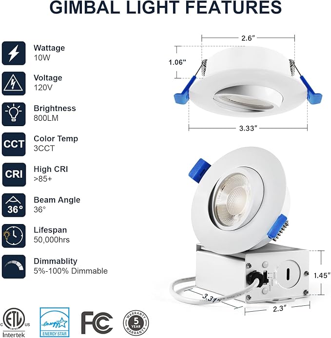 Sublimation 8 Packs 3 Inch led recessed Light,Waterproof recessed Lights for Shower，Ultra-Thin 10w with Junction Box,3 Colors Adjustable,Suitable for Bathroom,Parlor,Bedroom,Kitchen,Balcony