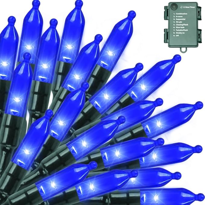 LAMPHOME 50 LED Blue Christmas Lights Outdoor, 16 FT Mini String Light with 9 Modes & 6 Hour Timer, Waterproof Battery Operated for Indoor Outdoor Patio Garden Party Tree Decoration