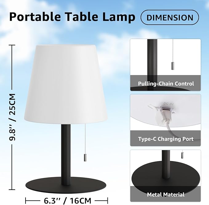 uuffoo Shower Lamp Waterproof Warm White & RGB Shower Light Dimmable LED Rechargeable Table Lamp Cordless Outdoor Lamps Portable for Indoor Outdoor Bathroom Home Patio H9.8in D6.3in (Black)