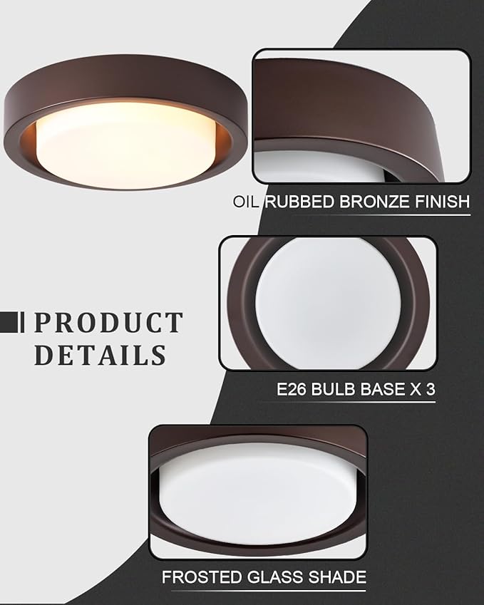 16 Inch Flush Mount Ceiling Light,3-Lights Oil Rubbed Bronze Finish with Frosted Glass Shade,Round Ceiling Light Fixture for Bedroom Livingroom Kitchen