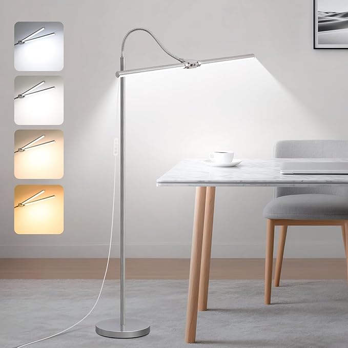 Bright Floor Lamp, 18W/2000LM Silver LED Floor Lamp with Double Head, Adjustable Gooseneck Dimmable Craft Light for Sewing Tatoo Puzzle，Eye Caring Reading Lamps for Living Room Bedroom Office