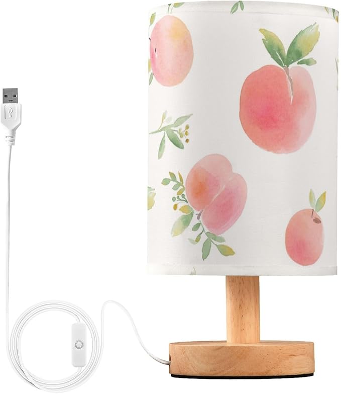 Bedside Table Lamp Peach Watercolor Fruit Leaves Pink Nightstand Lamp with Wood Desk Lamps for Bedroom Living Room Nursery Office Home Decor