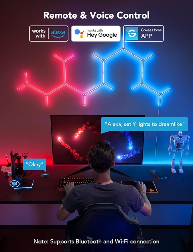 Govee Glide Y RGBIC LED Wall Lights, Smart Wi-Fi Gaming Lights with Music Sync, DIY and Timer Feature, LED Lights for Gaming Room, Wall Light 7 Pack