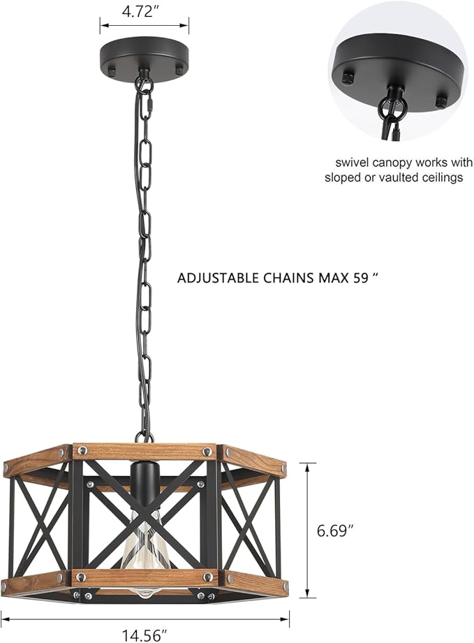 Rustic Farmhouse Wood Pendant Light Fixture One-Light Adjustable Chain 14.5 inch Oak Wood and Metal Cage Hexagon Pendant Lighting for Kitchen Island Dining Room Farmhouse Entry, Black