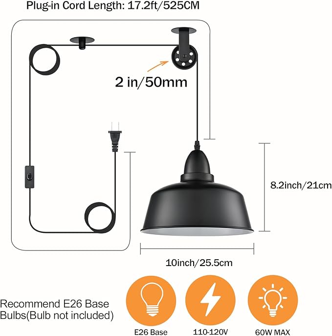 Plug in Pendant Light, Farmhouse Hanging Lights with Plug in Cord, Pulley Hanging Lamp, Black Industrial Pendant Lights Fixture for Kitchen Island, Bedroom, Dining Room, Living Room, Office