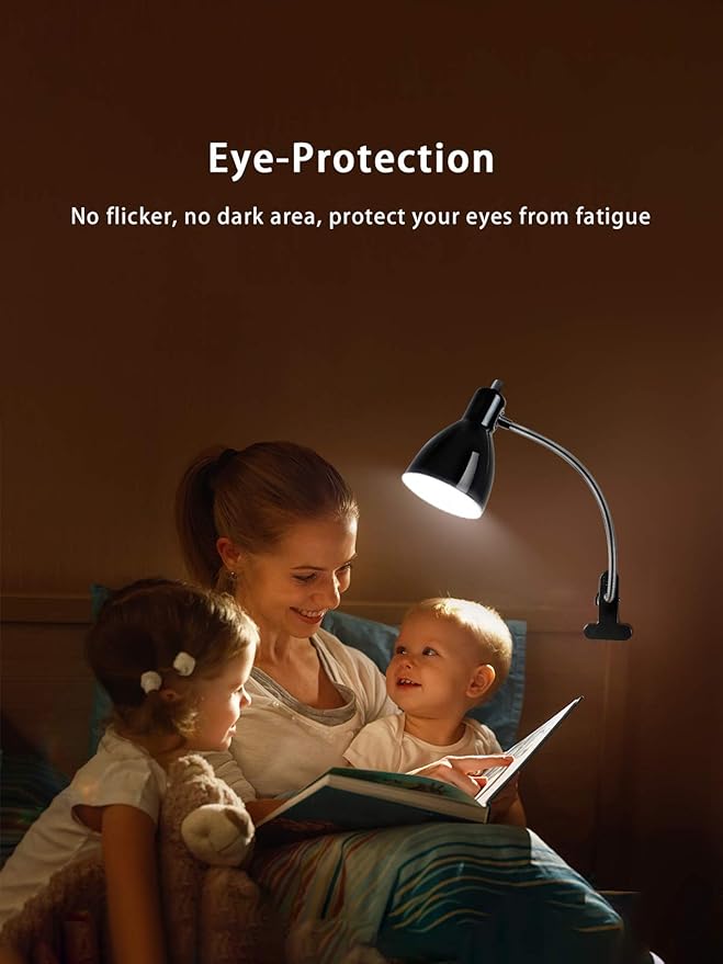 Desk lamp Eye-Caring Table Lamps, 360°Rotation Gooseneck Clip on Lamp Reading Light Portable Reading Book Light Clamp Study Desk Lamps for Bedroom and Office Home Lighting (Black)