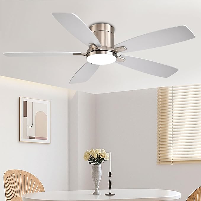 52 inch Ceiling Fans with Lights, Flush Mount Ceiling Fan with Light and Remote/APP Control, DC Motor, Dimmable LED, Noiseless, Low Profile Ceiling Fan for Bedroom Indoor/Outdoor Use (Nickel
