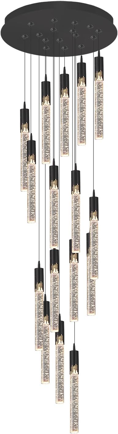Flashing God Black Chandelier 16-Lights Staircase Chandelier for Living Room Hight Ceiling Foyer Pendant Lighting Fixture Modern Raindrop Crystal Chandelier Spiral Stairwell Lighting