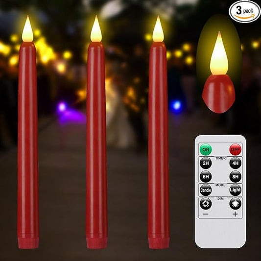 Flameless Taper Candles with Remote Control and Timer, Battery Operated LED Candlesticks with Flickering 3D Flame, 9.6 ×0.8 Inches Plastic Tall Candles for Christmas, Wedding and Home Decor (Red, 3)