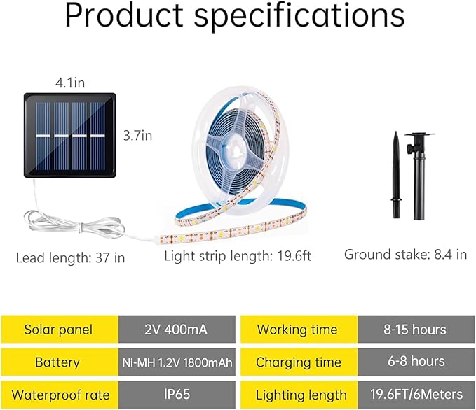 19.8 FT Solar LED Strip Lights, Outdoor Waterproof Rope Light 3000K Cuttable & 8 Modes Solar Powered Tape Lighting for Step, Sign, Driveway (1 Pack)