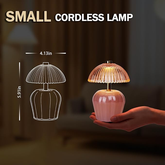 MJ PREMIER Small Cordless Lamp, Battery Operated Lamp with Timer, Mini Crystal Glass Mushroom Lampshade, Cute Small Table Lamps, Decorative Led Light for Bedroom Living Room Shelf (Pink)