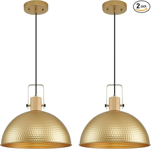 16 Inch Gold Pendant Lights Hammered Matte Pendant Lights for Kitchen Island Industrial Farmhouse Adjustable Height Dome Hanging Light Fixtures for Barn, Dining Room 2 Packs