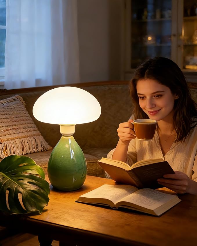 Lightdot Mid Century Modern Dimmable Table Lamp Green Ceramic 3000K Warmwhite Desk Lamp with Mushroom-Shaped Shade for Living Room Bedroom Bedside Nightstand House Office Home Reading