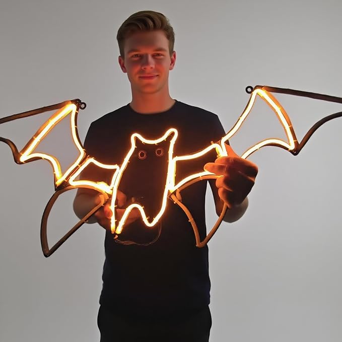 Bat Neon Sign for Wall Art Decor,Metal Frame Led Sign Animated Bat Swing Neon Light Up Sign for Signs for Wall Decor,Flying Bat Neon Light Up Signs for Bedroom,Folding and Easy to Store