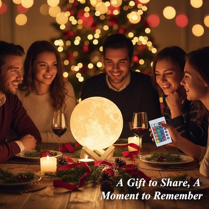 Mydethun 3D Moon Lamp, 9.6' Large Night Light with Wooden Base, Touch-Dimmable & Rechargeable, Gift for Mom, Bedroom, Home Décor, 16 Colors