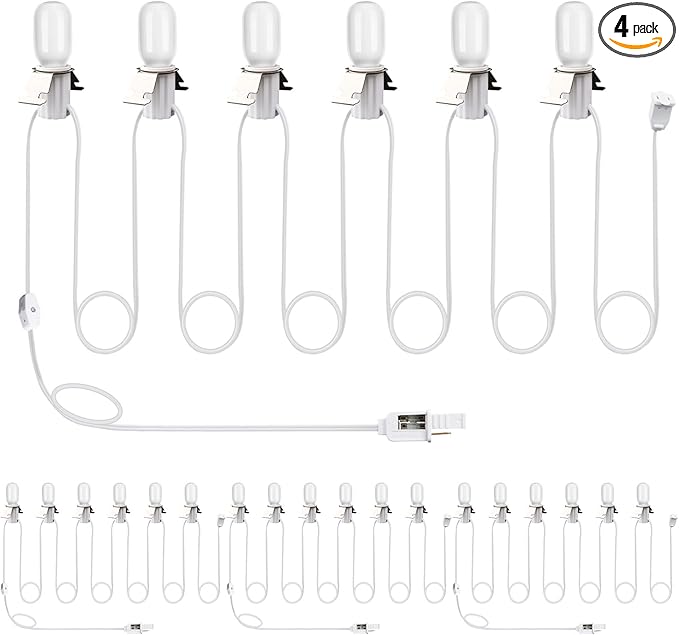 Leelosp 4 Pack Accessory Cord with LED T20 Light Bulb, 13FT Light Cord Blow Mold White Bulb with On/Off Switch Female Plug Clip for Christmas Village Houses Trees Crafts Lamp Holiday