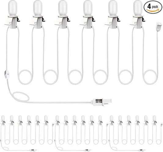 Leelosp 4 Pack Accessory Cord with LED T20 Light Bulb, 13FT Light Cord Blow Mold White Bulb with On/Off Switch Female Plug Clip for Christmas Village Houses Trees Crafts Lamp Holiday