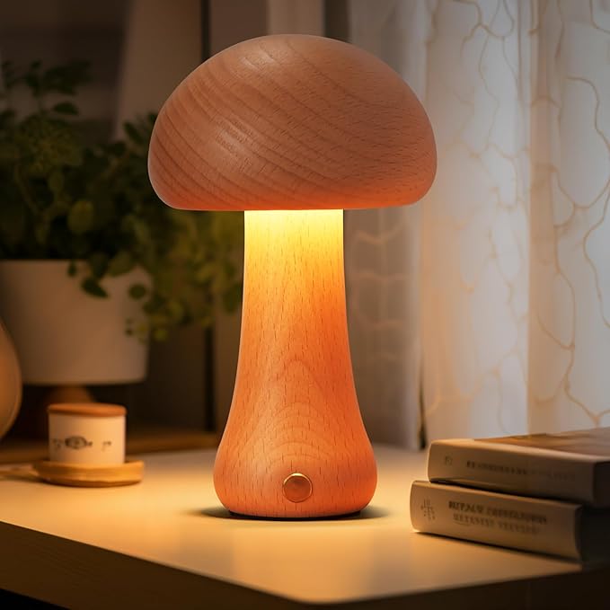 Small Wood Mushroom Lamp, LED Cordless Bedside Touch, Portable Dimmable Battery Mushroom Lamp for Bedroom Nightstand