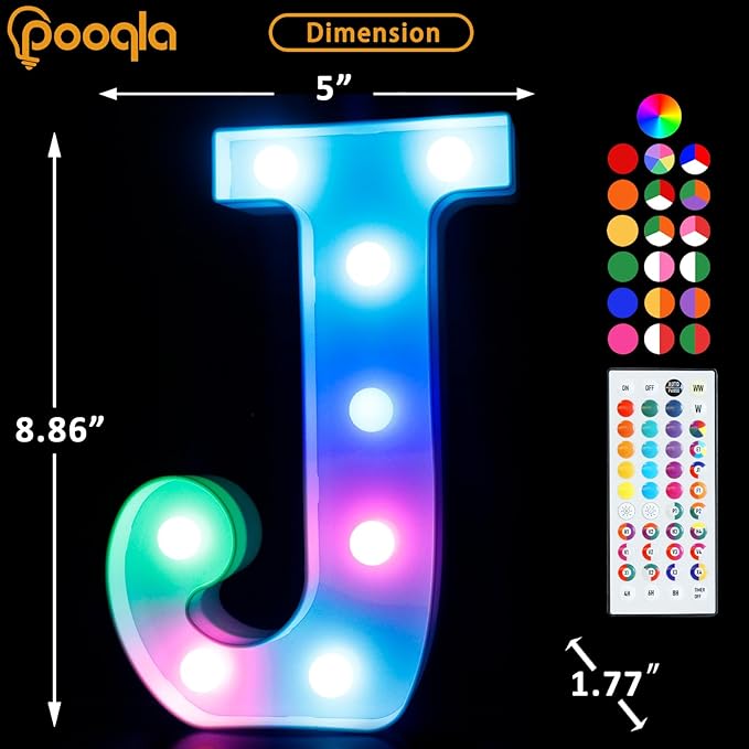 Pooqla Colorful Light Up Letters with Remote, Upgraded 35 Colors LED Marquee Letters, RGB Lighted Letter for Girls Teenager Gift, Birthday, Party, Wedding, Night Light, Room, Bedroom Decor, Letter J