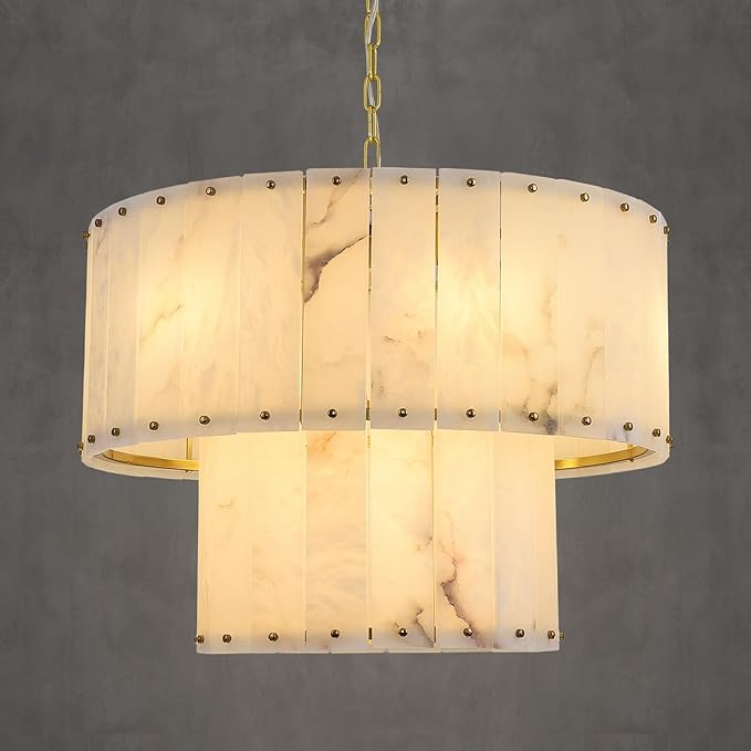 Alabaster Chandelier D24in Spanish Natural Marble Round Chandeliers,2 Tiers Alabaster Pendant Light,Modern Dining Room Chandelier, Dimmable Gold Chandeliers for Bedroom,Foyer,Bathroom,Entryway