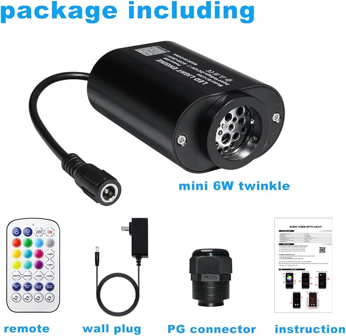 AZIMOM Mini 6W Twinkle Fiber Optic Starlight Box Sound Activated RGBW Fiber Optic Light Source APP/Remote Control Light Engine Driver for Car Home Ceiling Star Lighting Decor