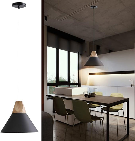 Modern Pendant Light,Solid Wood Matte Black Lampshade Style Ceiling Hanging Lamp,Pendant Lighting for Kitchen Island Dining Room Living Room Bedroom(Black-1 Pack)