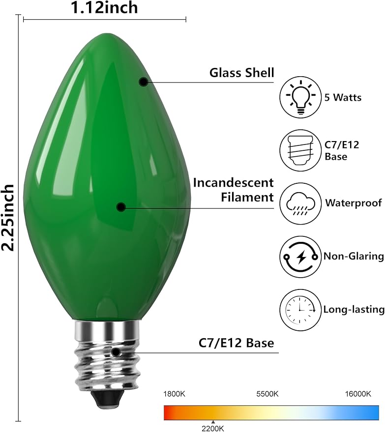 25 Pack C7 Green Christmas Replacement Bulbs C7 5W Green Vintage Ceramic Light Bulbs for Christmas Night Light Candle Lamp St. Patrick's Day Decor,E12 Candelabra Base