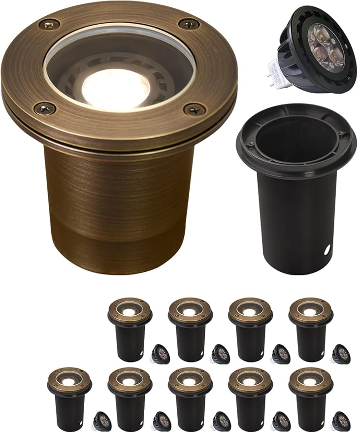MALORY Brass Landscape Well Lights, 12V Low Voltage Outdoor In Ground Lights,Landscape Lighting for Pathway, Driveway, Garden 1 Pack with Bulb (Full Brass -01A, 10-Pack with Bulb)