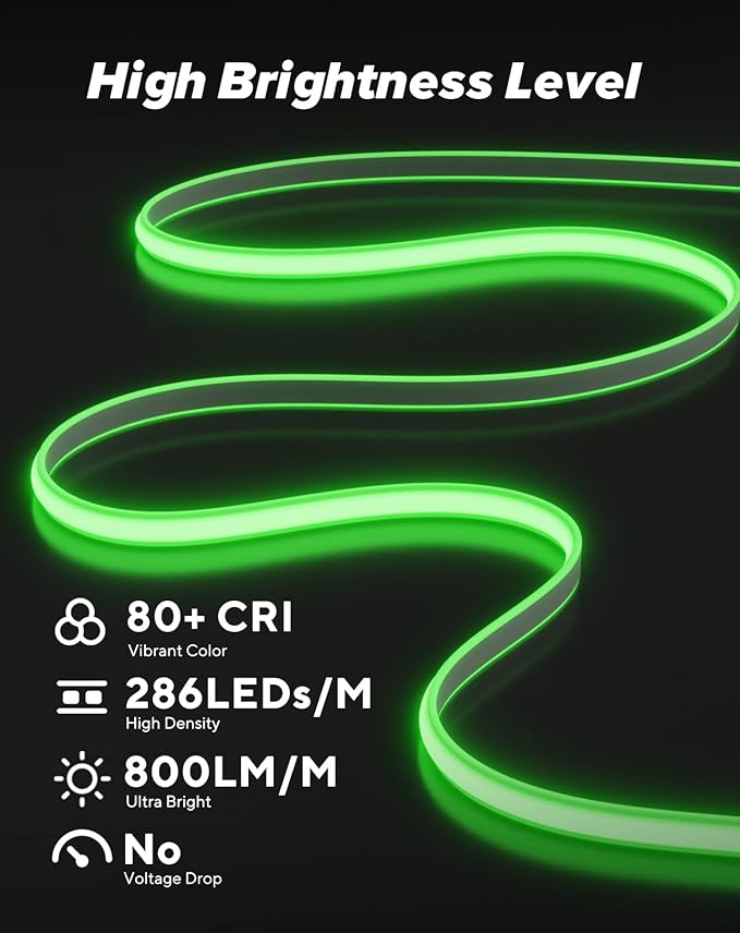 Shine Decor COB LED Rope Light AC 120V, 800lm Ultra Bright, IP65 Waterproof Cold-Resistant ETL Neon Strip, No Driver Tape Lighting for Home Commercial 10x4.5mm, Green, 16.4ft